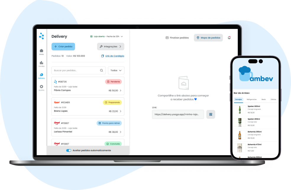Mockup do sistema Yooga com exibição da tela de Delivery, contendo: listagem de pedidos em andamento indicando sistema de origem do pedido (Rappi, iFood ou Yooga) e seus respectivos status