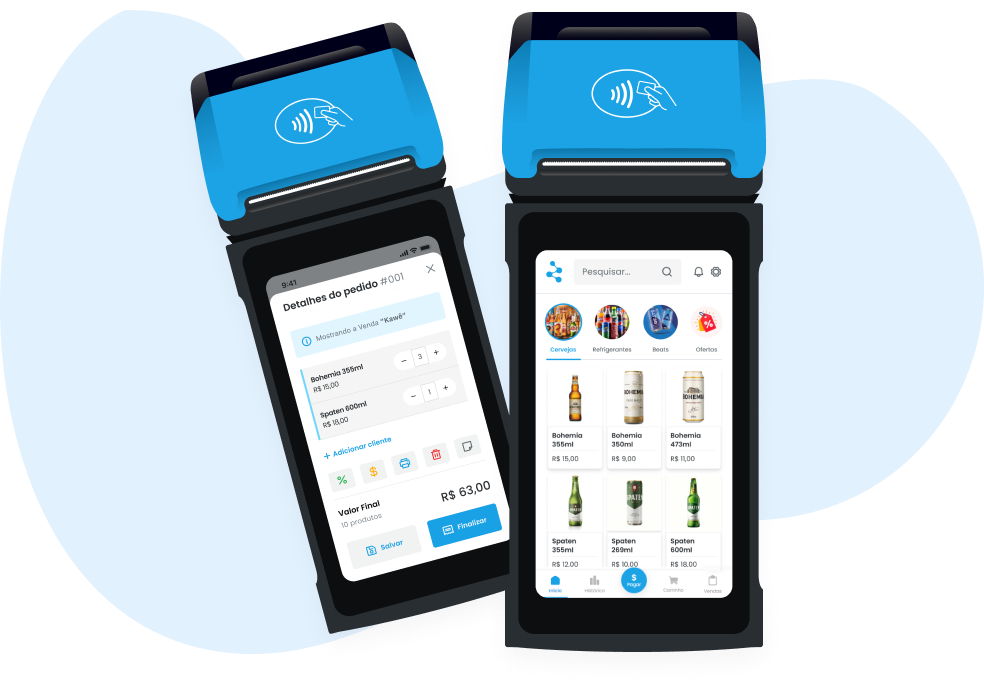 Mockup da maquininha de cartão, exibindo listagem de produtos do estabelecimento