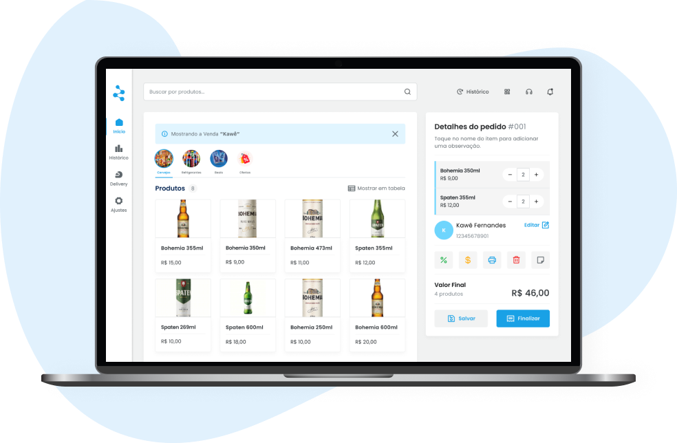Mockup do sistema Yooga com a visualização do ponto de venda (balcão) contendo a listagem de produtos